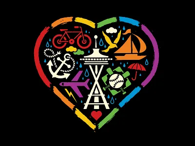 Seattle Pride airplane anchor baseball bicycle bike bird boat clouds heart plane pride rain rainbow raindrop sailboat seattle space needle t shirt tshirt umbrella