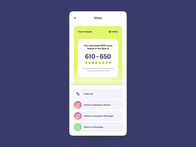 Social Share screen for results of GMAT test concept dailyui design mobile ui ux web
