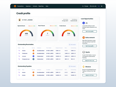 Crypto Credit Profile blockchain credit crypto dashboard finance fintech product product design ui ux web3