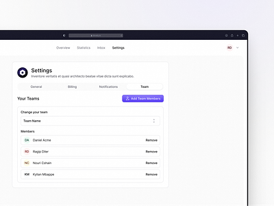 Team Settings Screen Design dashboard dashboard ui product design product ui profile settings saas settings settings page team settings ui