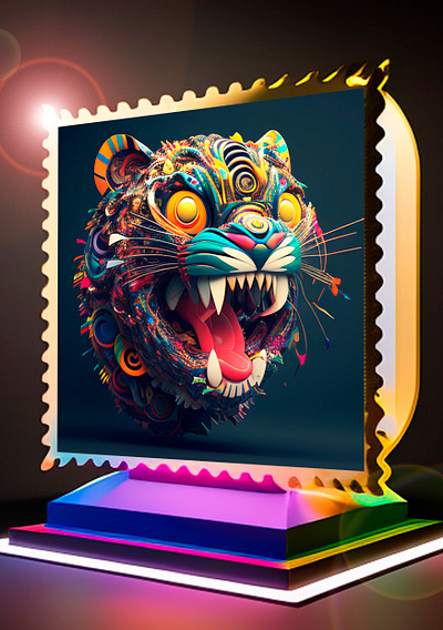 Tiger, postage stamp. Takashi Murakami style midjourney photoshop