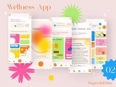 Wellness app UI design aesthetic blur trend branding dailyui day2 diet discord fitness fun glass effect health mental health playful quirky recipies retro superdribbbs ui ui design wellness