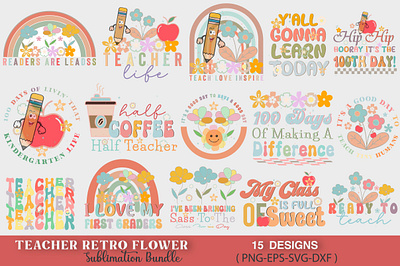 Teacher Retro Flower Sublimation Bundle digital download retro teacher sublimation design teacher retro flower bundle teacher sublimation file teaching shirt png design