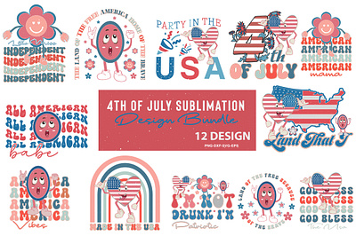 4th Of July Sublimation Design Bundle 4th of july png bundle american flag png hot dog independence day png lightning bolt retro mama patriotic png western american png