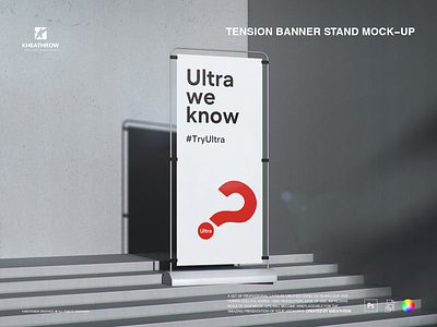 TENSION BANNER STAND MOCK-UP advert banner concrete corporate display exhibition exposition frame graphic design logo mockup performance psd pullup rollup shield showcase stairs trade ui