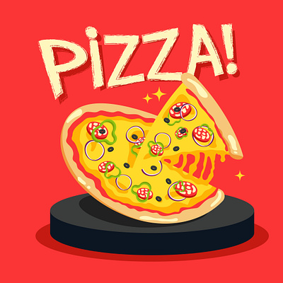 Delicious pizza on red background. Food illustration. cooking