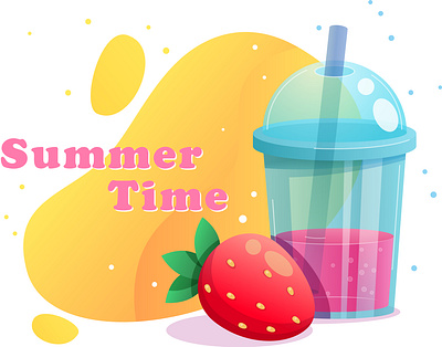 Summer illustration with strawberries and a refreshing drink. promotion