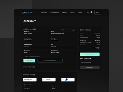Gamer website design checkout colors method neon order payment summary