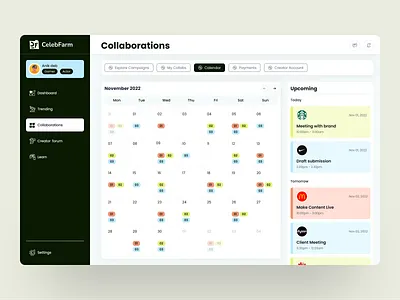 CelebFarm Dashboard || Calendar Page agenda appointment calendar dashboard dashboard calendar dashboard designer date date picker events google calendar meeting modify events month product design project management schedule task timetable
