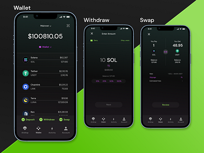 Cryptocurrency Wallet 2021 bitcoin blockchain crypto cryptocurrency dark mode defi design green intuitive luna mobile simple solana tehter ui wallet xrp