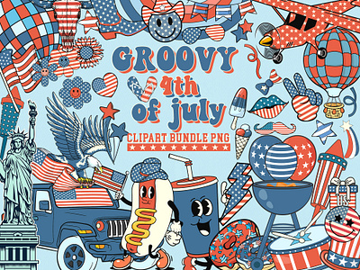 Retro 70s 90s Groovy 4th Of July Clipart Elements PNG 4th of july american bundle clipart designs digital download groovy hippie illustration independence day mascots mushrooms retro sublimation usa vector vintage