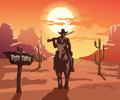 Cowboy illustration cartoon character cowboy flat illustration illustration sunset western