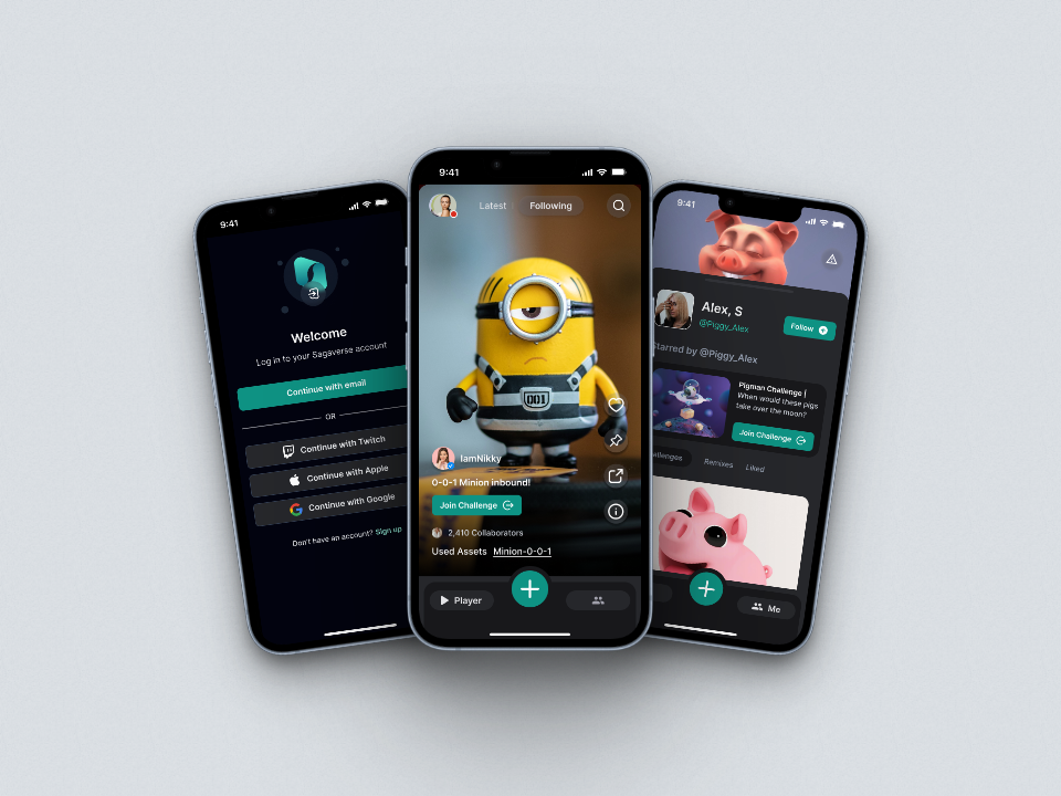 SAGAVERSE - Web3 Protocol for collaborative creation 3d app design editor feed ios mobile phone player tiktok ui