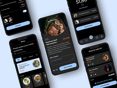 DineEase: NO waiter dining experience dark ui food ordering app foodapp mobile app design mobile ui restaurant app ui uidesign ux concept uxdesign uxui design