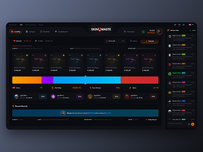 SkinWaste: Jackpot Interafce betting casino coinflip counter strike crash crypto cs go dice gambling game interface inventory jackpot leaderboard open case roulette skins ui ux design web design