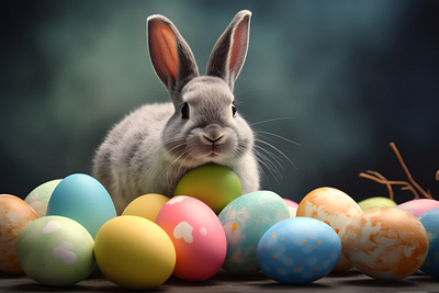 Happy easter Bunny with many of colorful easter eggs bunny design easter easter bunny graphic design photos stock stock images