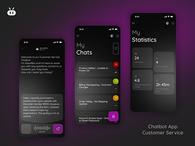 Chatbot App - Customer Service agency app bot box chat chatbot customer customer service dark dark mode design minimal modern product design purple serivce tickets ui