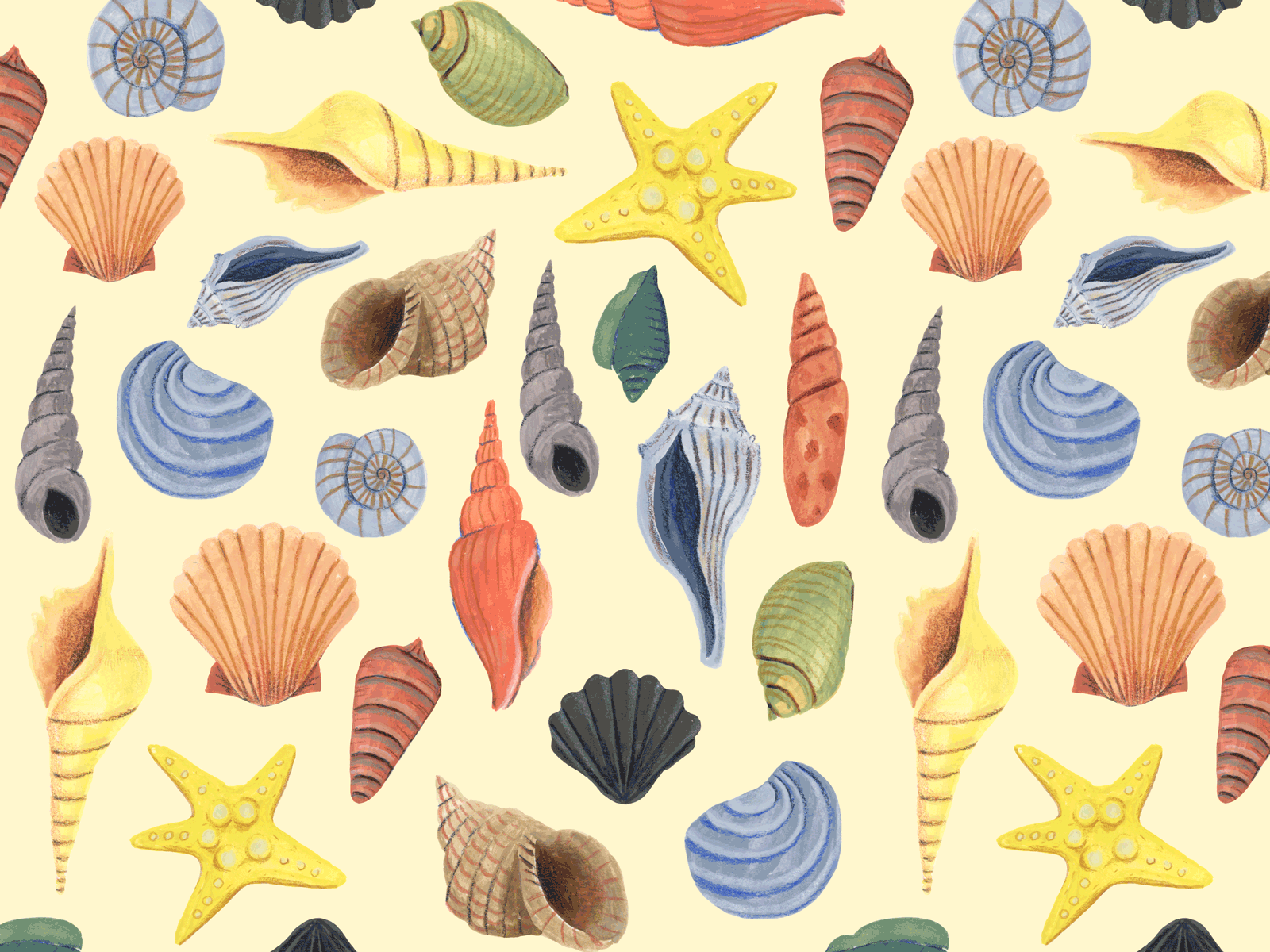 Sea Shell Pattern art licensing artwork colored pencils colorful art colorful shells gif gouache graphic design illustration mixed media painting pattern repeating pattern sea shell surface design