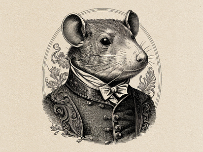 Engraving Illustration of a Rat Dressed in Victorian Era badge design black and white illustration branding design emblem design engraving illustration illustration logo vintage illustration