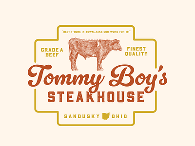 Tommy Boy's Steakhouse branding cow design illustration logo movie resturaunt script sign steak type western