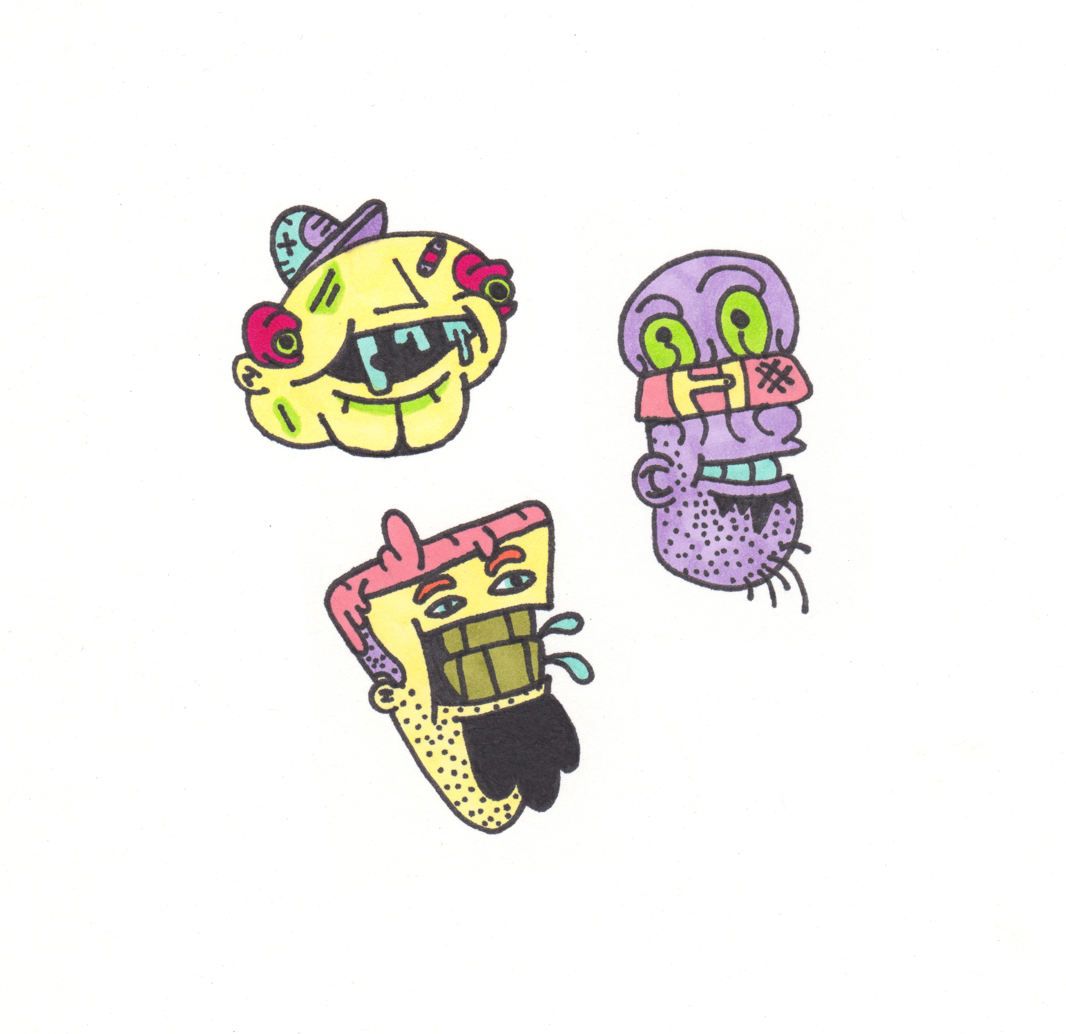 3's a crowd belt butt chin cap cartoon character colorful drawing funny gang goatee group guys hand drawn hat illustration markers misfits spit stubble