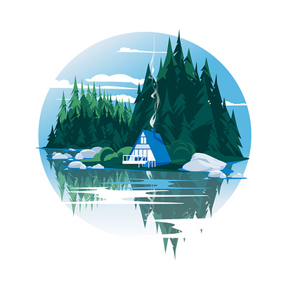 Rest by the forest river building coniferous flat house illustration lake landscape pine recreation relaxation rest resthouse river summer vector vector art wooden