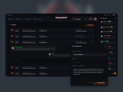 SkinWaste - Support Page bet betting case csgo casino coinflip crash crypto design dice gambling game interface ui jackpot nft skins support ui uiux ux web design