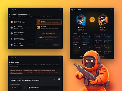 SkinWaste: Deposit and Coinflip app blockchain case casino coinflip crypto casino cs go deposit design gambling illustration interface mobile modal window open case payment skinwaste ui ux web design