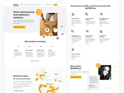 📦 Unpacking Ecommerce - MyFBAPrep Solutions Overview b2b clean dashboard how it works landing landing page logistics logos map progress progress tracker ratings reviews step by step testimonials ui user interface ux warehouse