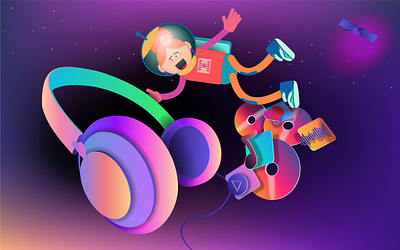 Cartoon astronaut girl and huge headphones with music icons in s space