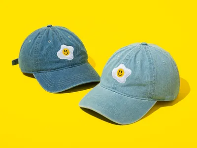 Happy Face Eggy Embroidered Denim Hat egg yolk fried egg happy face