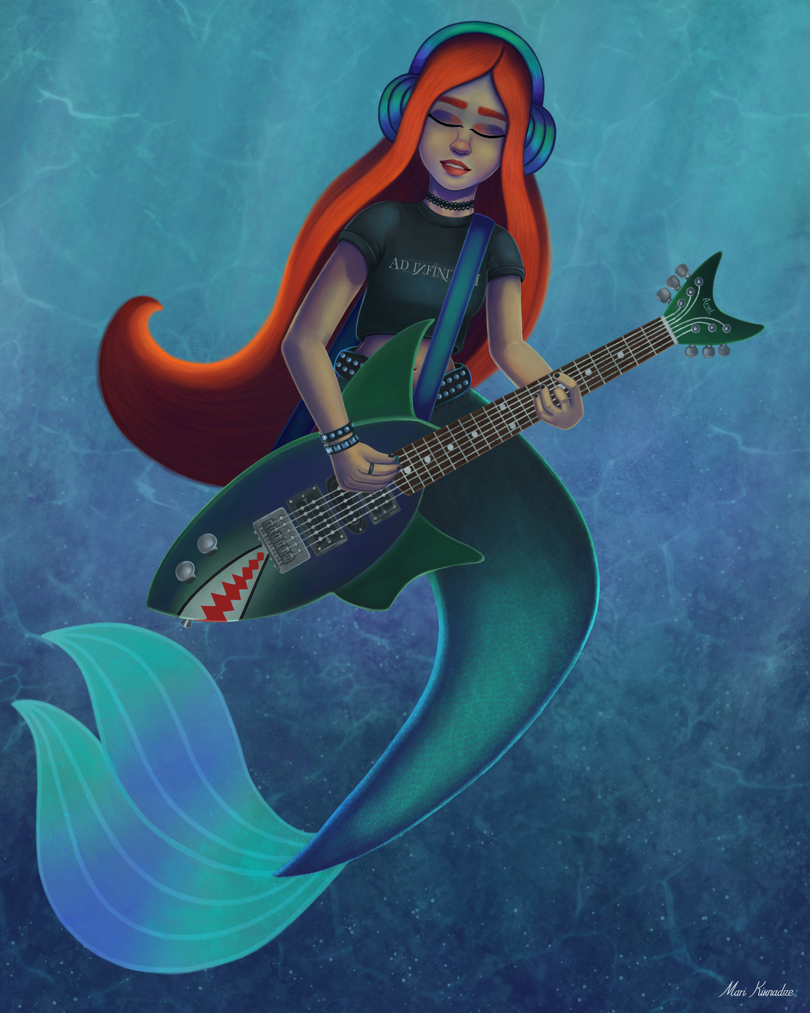 Misfit character design concept art digital art digital illustration digital painting guitar headphones illustration little mermaid mermaid mermay metal metalhead misfit music ocean procreate rock sea underwater