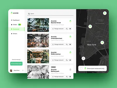 Restaurant's dashboard admin interface admin ui black blocks cafe dashboard dashboard ui delivery green icons interface map map design restaurant sidebar ui uiux user ux web