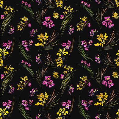 Black 2 black flowers illustration pattern design yellow