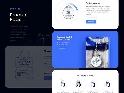 Product Page Smart Tag 3d animals animation blue branding cat clean dog figma graphic design location modern motion graphics product page smarttag ui user usercentered ux webdesign