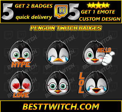 Penguin emotes for twitch YouTube Discord Price instant download branding graphic design logo motion graphics penguin emotes youtube badge