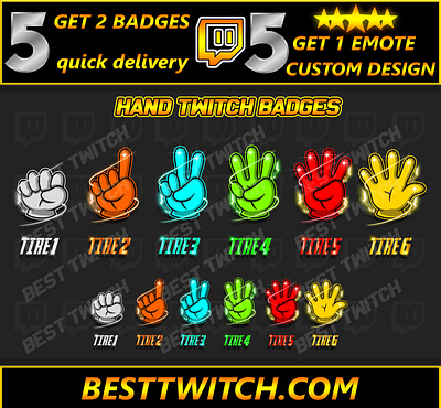 Hand Sub badges for Twitch YouTube and Discord best twitch badges branding design emotes graphic design hand badges hand bit badges illustration logo motion graphics new badges sub badges twitch twitch emotes ui