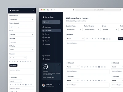 Acme Corp :: Test Builder Platform app clean dashboard design exam light mac os minimal platform responsive sidebar student test builder ui ux