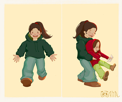 Very short story part 2 2d cartoon character design cute digital family girl happiness hoodie hug illustration love ponytail procreate running running girl siblings sisters smile storyboard