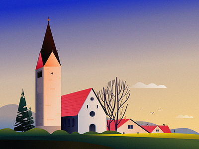 quiet town bird blue church cloud design green house illustration mountain people red sky small town sunset tree yellow