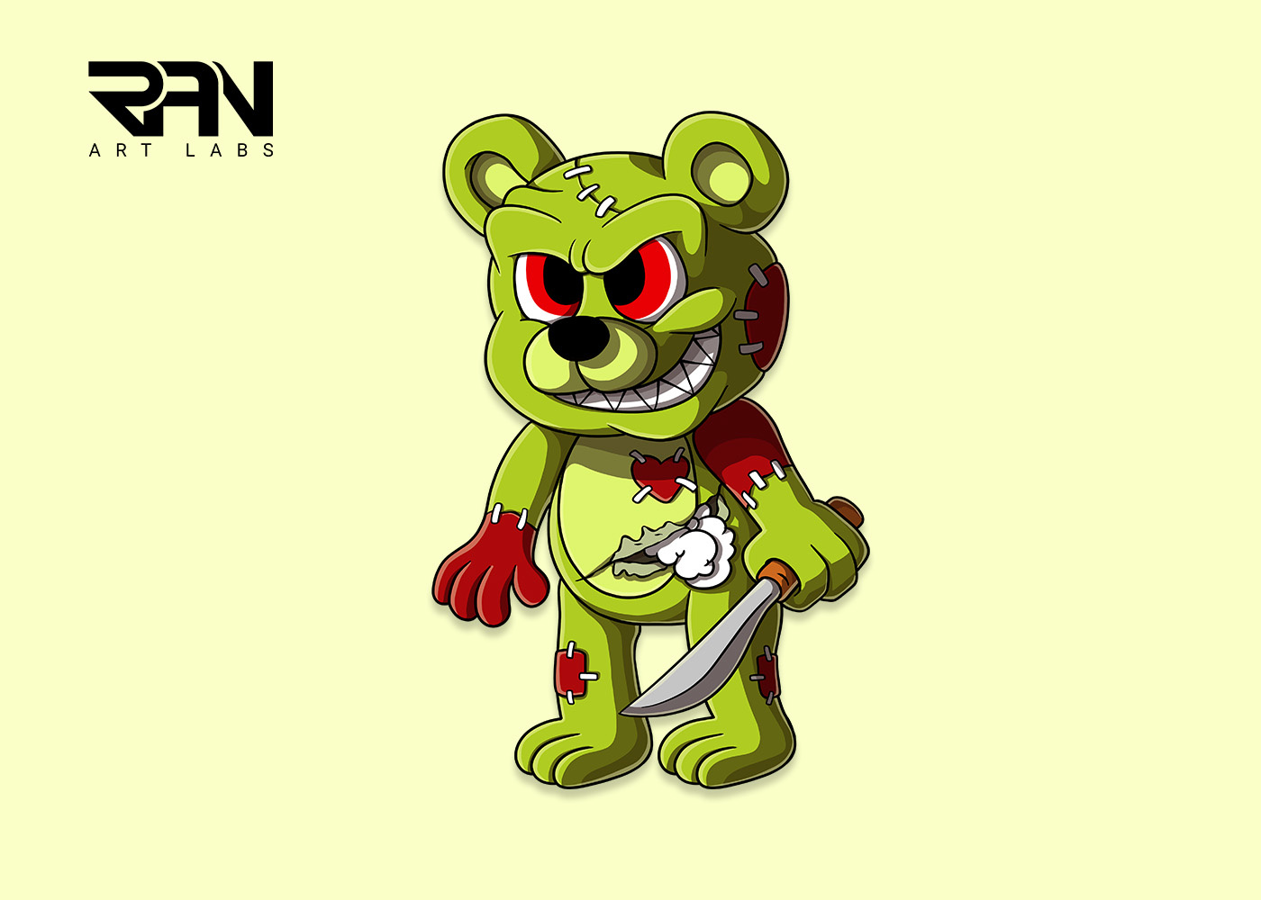 Cute evil teddy bear cartoon mascot character design by RAN Art Labs on