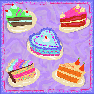 Cake Walk cake cake drawing cakes colorful colour colourful design dessert desserts digital illustration digital painting fashion illustration playful scarf design sweets textile design