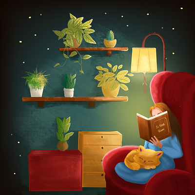 Whispers of Tranquility adobe illustrator cat cozy room design drawing girl illustration night reading vector
