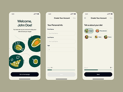 Foody - Onboarding Diet App app cook create account design diet food graphic design grocery health illustration login meal mobile onboarding recipe sign up step ui ux vector