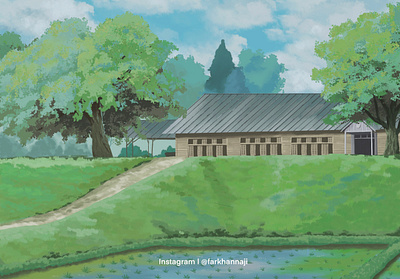 School in Village 2d anime backgroundart backgroundartist backgroundillustration environtmentart illustration