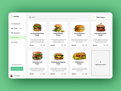 Product's dashboard admin admin dashboard admin ui burger cafe card dashboard delivery green grey icons menu price product restaurant search settings ui vegan white
