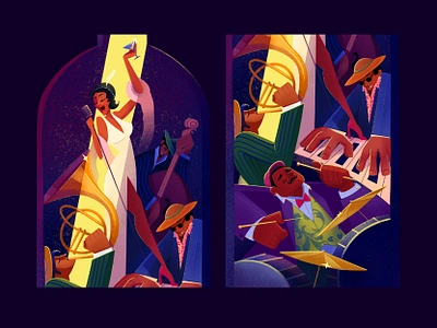 Jazz illustration brand brand illustration branding characters graphic design illustration jazz jazz band jazz club music music instruments musician night singer wine