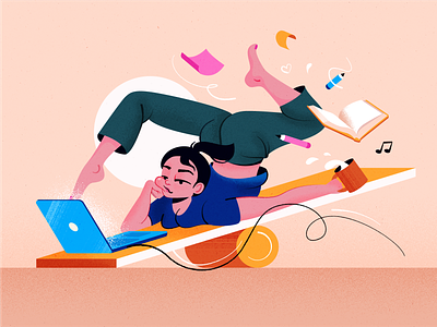 Balance balance book brushes character colours desk fake3d flat floating illustration macbook paper texture tools vibrant woman work workspace yoga