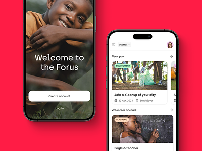 FORUS | Mobile app for volunteering app app design clean design figma future helping interface ios iphone minimal red trends ui user experience user interface ux volunteers white world