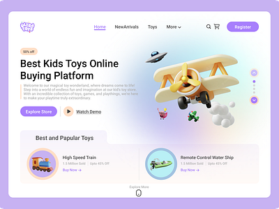 Toys Store Landing Page 3d design design trend 2023 geeksinux interaction design muhammad nawaz rizvi product design toys landing page toys store uiux designing web app design web designing